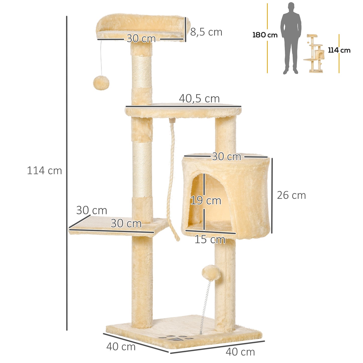 PawHut® Árvore de gato com plataformas Cabines Bolas de jogo bege 40x40x114cm