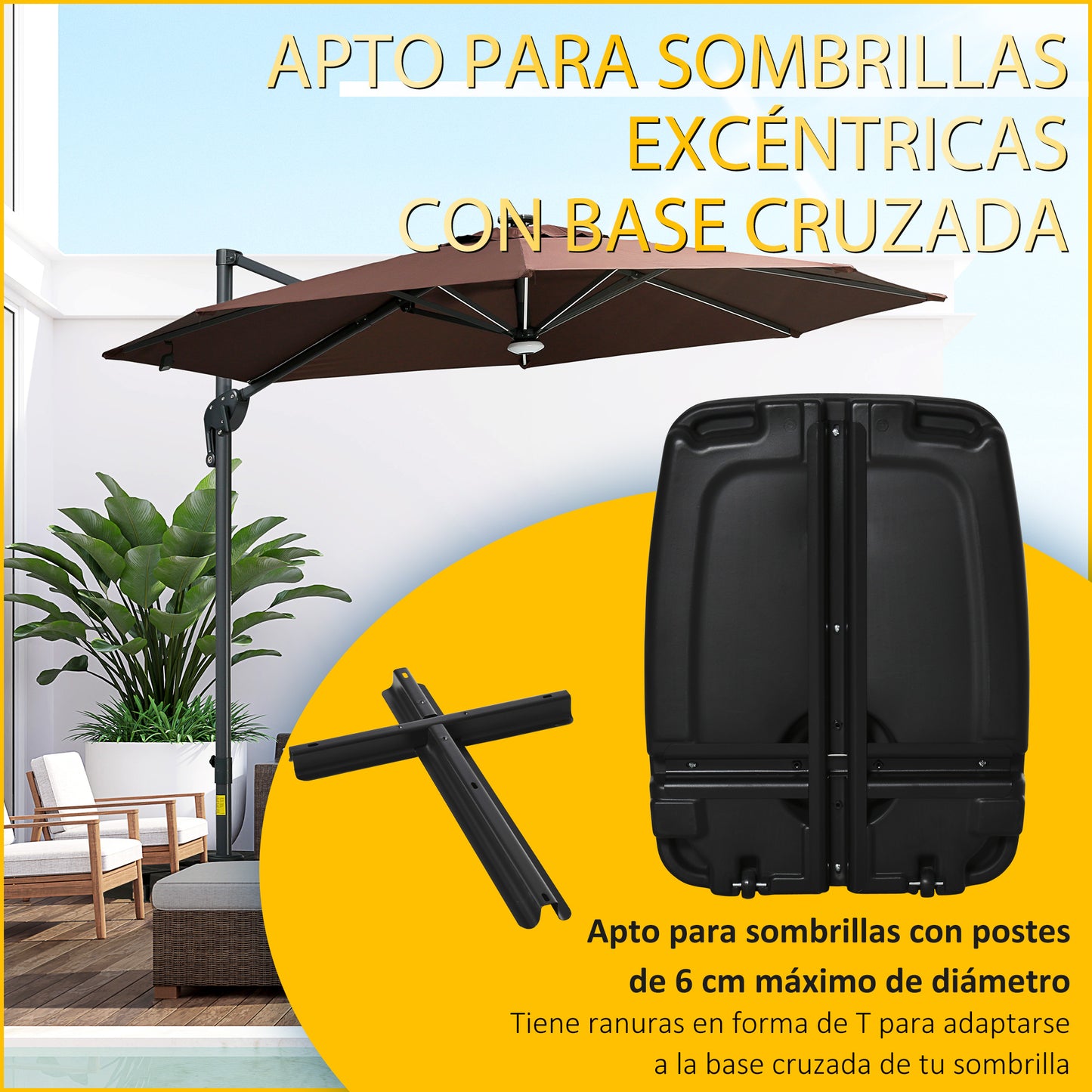 Outsunny Base de Chapéu de Sol com 2 Rodas Preenchível com Água 60kg Areia 68kg Misto 75kg Suporte de Chapéu de Sol para Jardim Pátio Terraço 80x60x15cm Preto