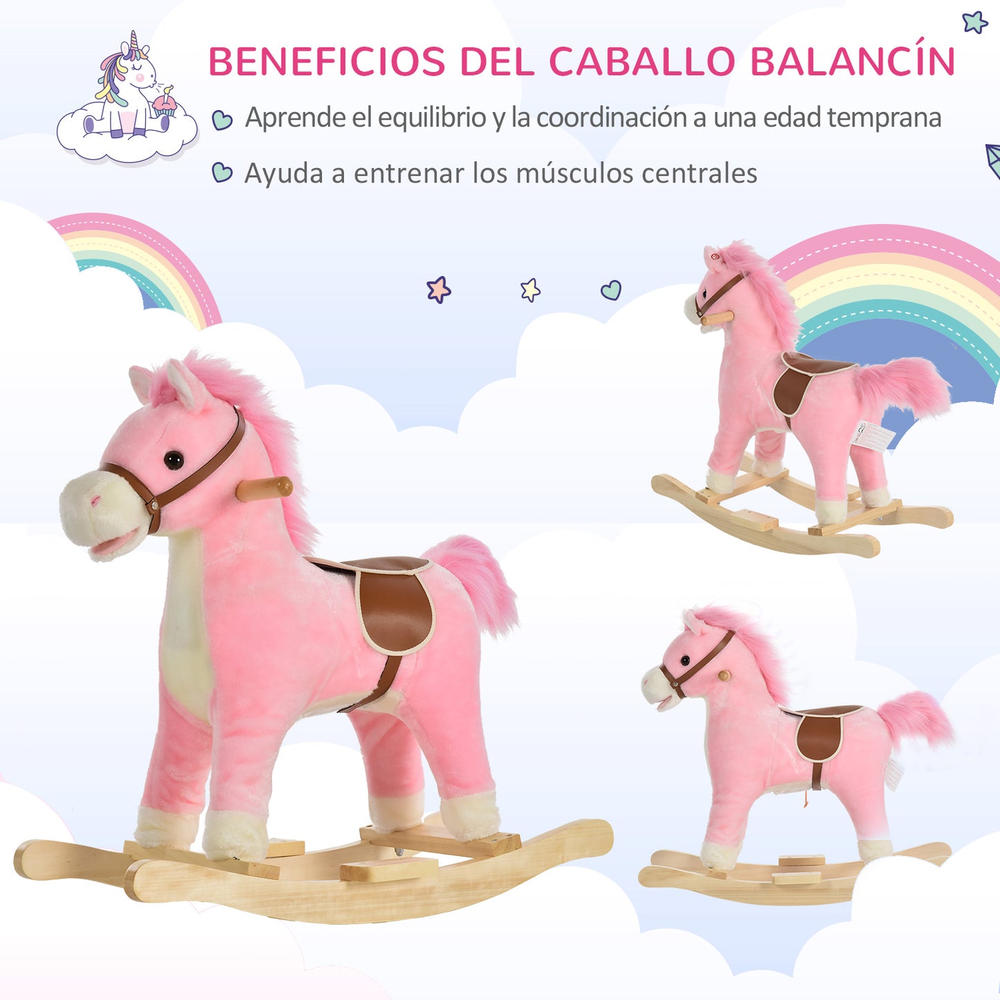 HOMCOM Cavalo de balanço para crianças acima de 36 meses Brinquedo de balanço macio com música Sons relinchos de galope Boca e cauda móveis 65x32,5x61 cm Rosa