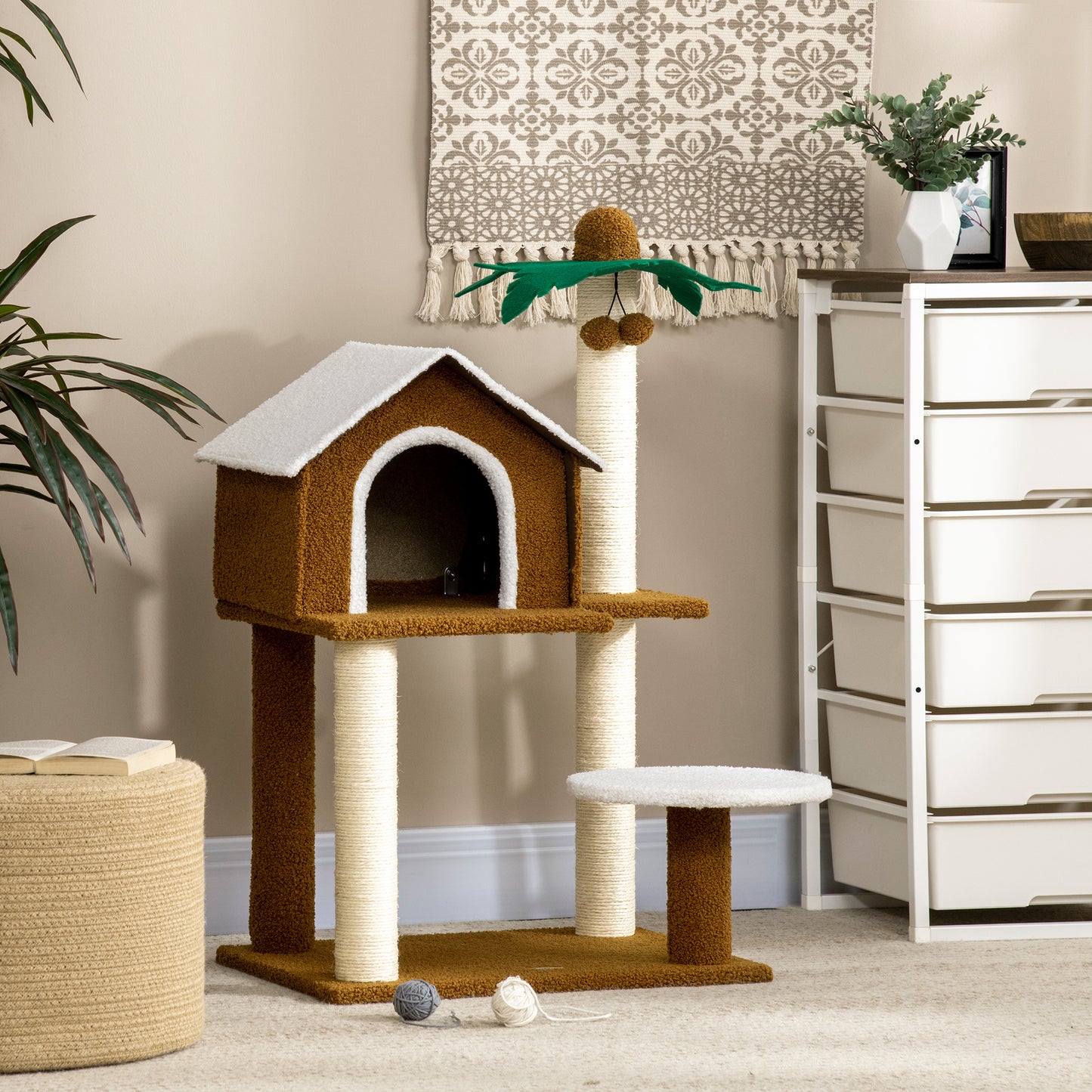 PawHut Árvore Arranhador para Gatos Altura 89cm Torre para Gatos com Casa de Pelúcia Plataforma Poste em Forma de Coqueiro de Sisal e Bolas Suspensas 55x40x89cm Marrom