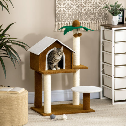 PawHut Árvore Arranhador para Gatos Altura 89cm Torre para Gatos com Casa de Pelúcia Plataforma Poste em Forma de Coqueiro de Sisal e Bolas Suspensas 55x40x89cm Marrom