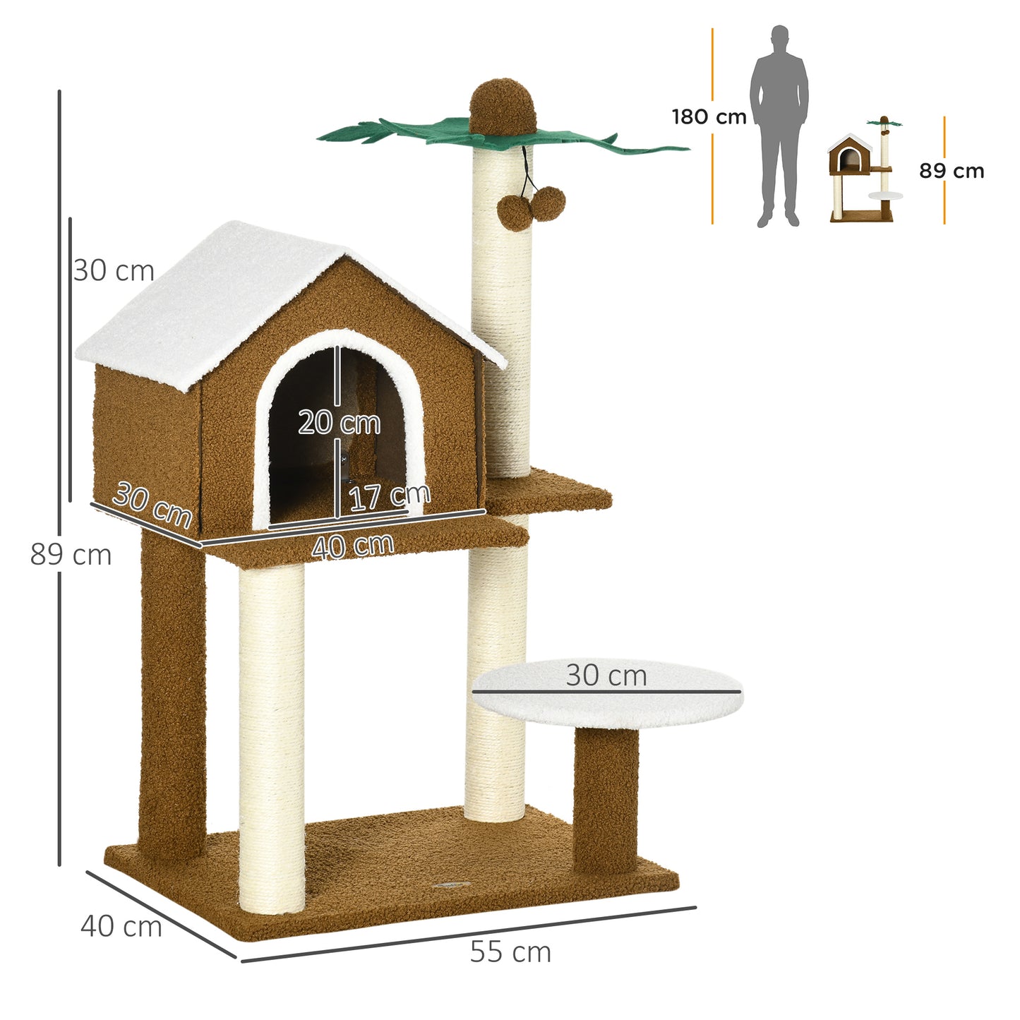 PawHut Árvore Arranhador para Gatos Altura 89cm Torre para Gatos com Casa de Pelúcia Plataforma Poste em Forma de Coqueiro de Sisal e Bolas Suspensas 55x40x89cm Marrom