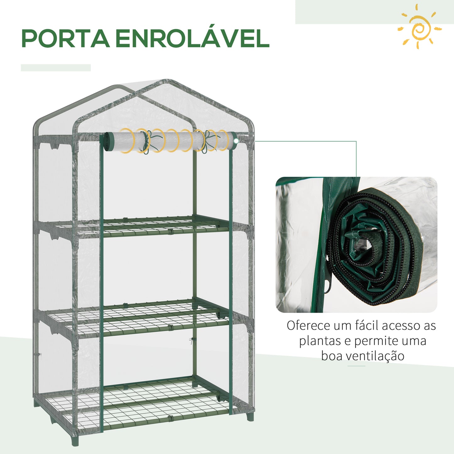 Outsunny Estufa de Jardim com 3 Prateleiras Metálicas e Porta Enrolável Estufa de Varanda Exterior para Cultivo de Plantas Flores 69x49x125cm Transparente