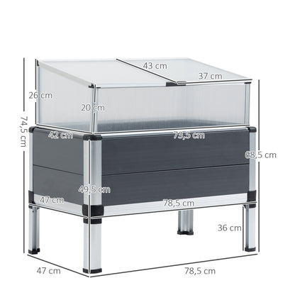 Outsunny Horta Elevada de Alumínio 78,5x47x74,5cm Estufa com Cobertura de Policarbonato e Teto Retrátil para Cultivos de Plantas Flores Cinza
