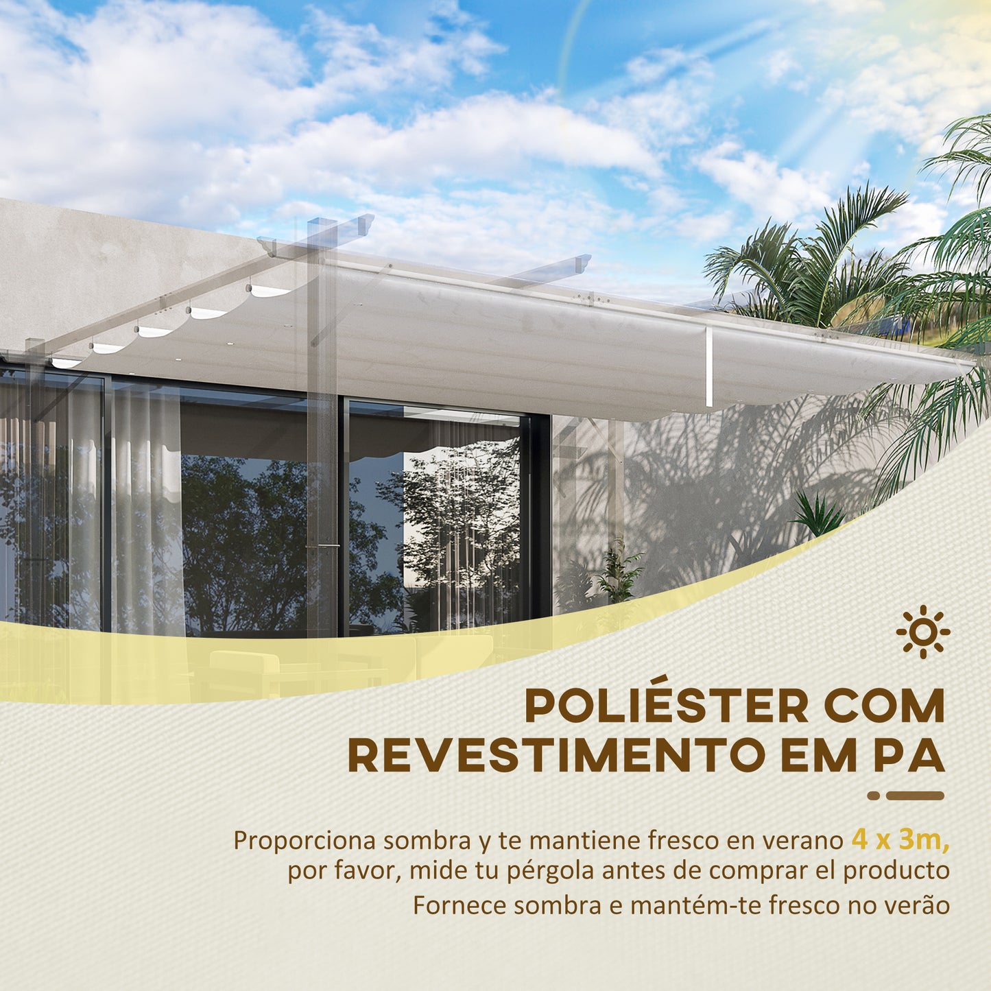 Outsunny Cobertura para Pérgola 3,5x2,5 m Teto de Substituição Retrátil para Pérgola com 10 Orifícios de Drenagem Creme