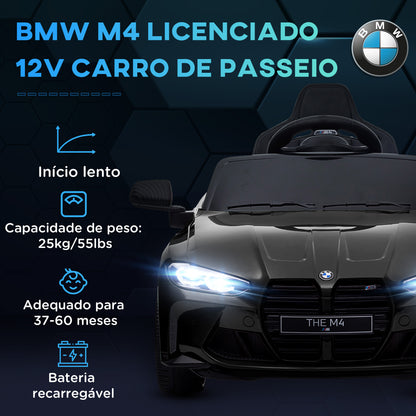 AIYAPLAY Carro Elétrico para Crianças BMW M4 Veículo Elétrico para Crianças 12V com Controlo Remoto Faróis Buzina Música Velocidade 3-5 km/h Cinto de Segurança Preto