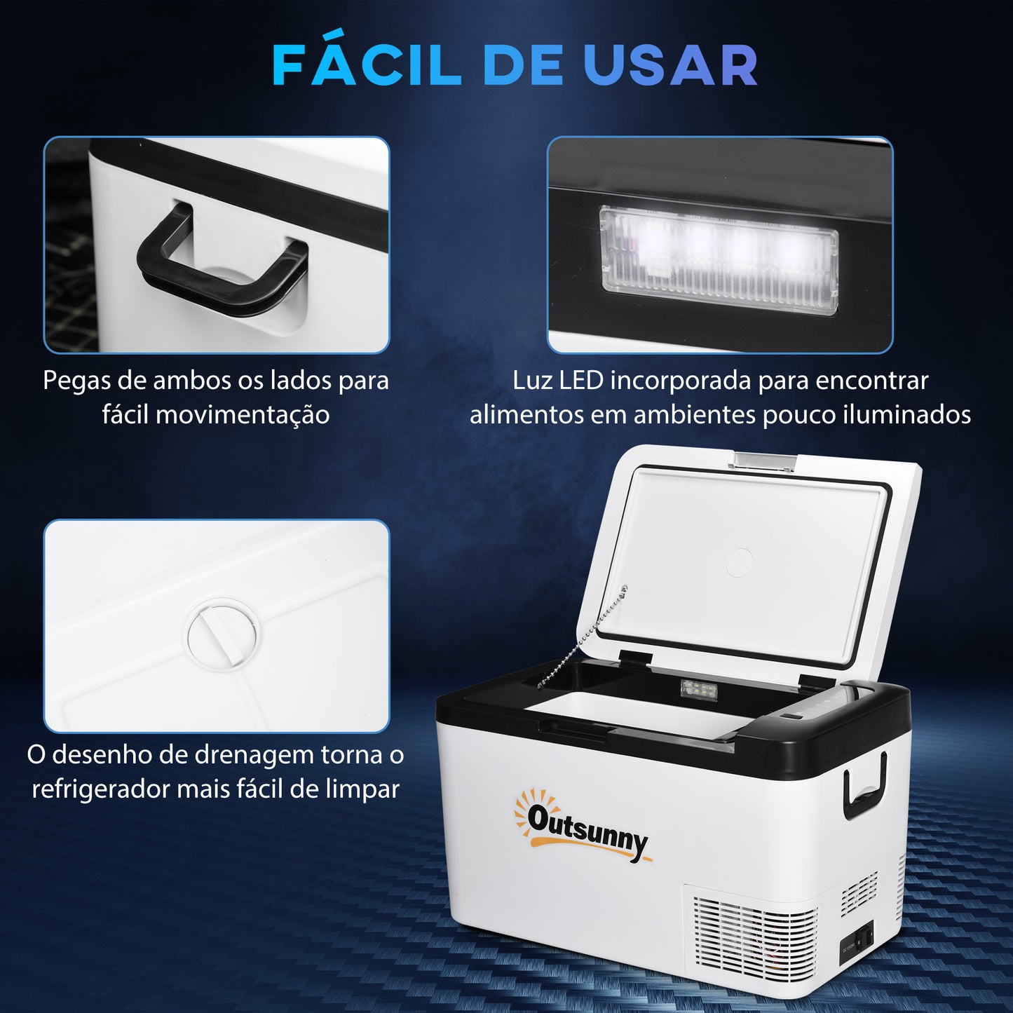 Outsunny Geleira Elétrica de Compressor 25L Portátil até -20℃ com Luz LED e Alças Dobráveis Geleira de Carro 12V/24V e 240V para Casa Campismo Viagem 58,5x33,5x35,2cm Branco