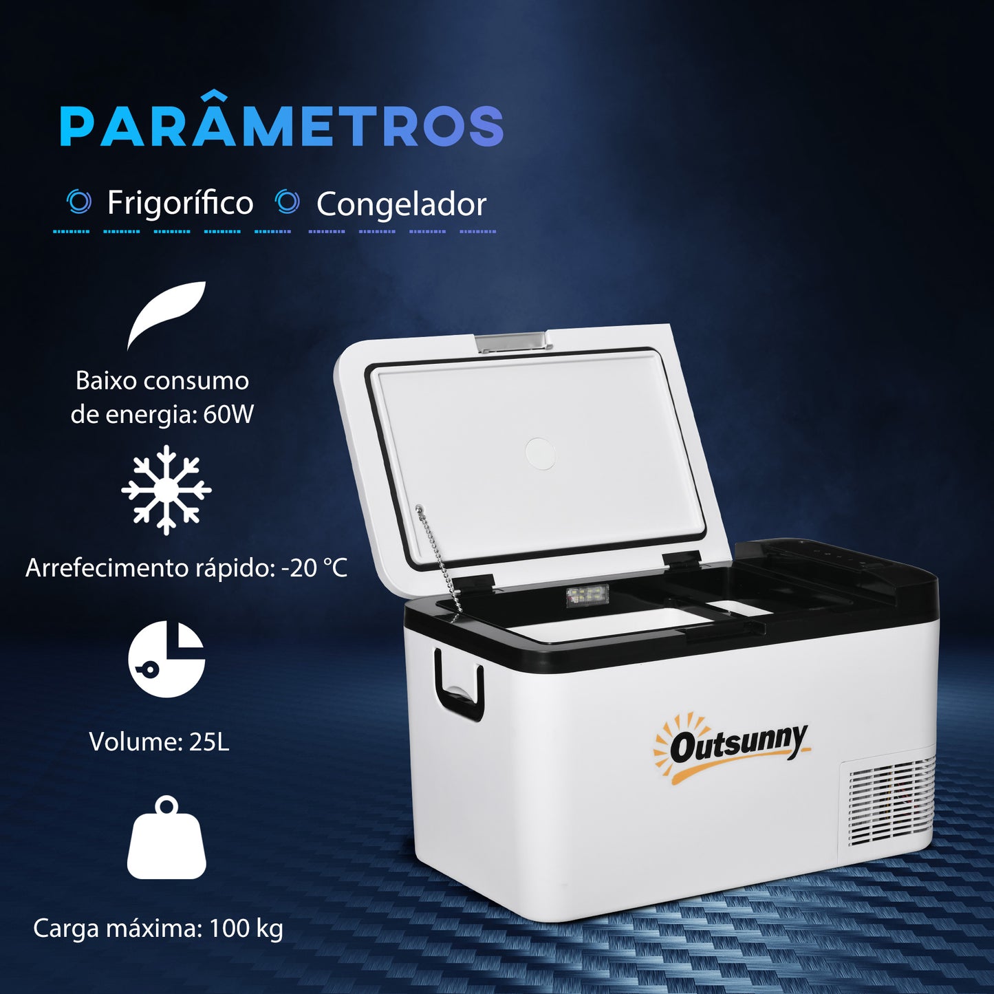 Outsunny Geleira Elétrica de Compressor 25L Portátil até -20℃ com Luz LED e Alças Dobráveis Geleira de Carro 12V/24V e 240V para Casa Campismo Viagem 58,5x33,5x35,2cm Branco