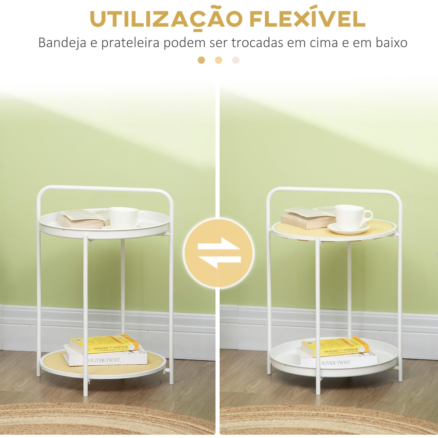 HOMCOM Mesa Auxiliar com Prateleira de Vime Plástico Bandeja Removível e Alça Portátil Mesa Lateral Redonda com Estrutura de Aço para Dormitório Escritório 43,5x42,5x60cm Branco