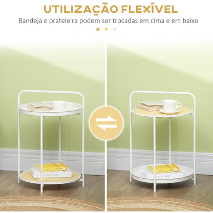 HOMCOM Mesa Auxiliar com Prateleira de Vime Plástico Bandeja Removível e Alça Portátil Mesa Lateral Redonda com Estrutura de Aço para Dormitório Escritório 43,5x42,5x60cm Branco