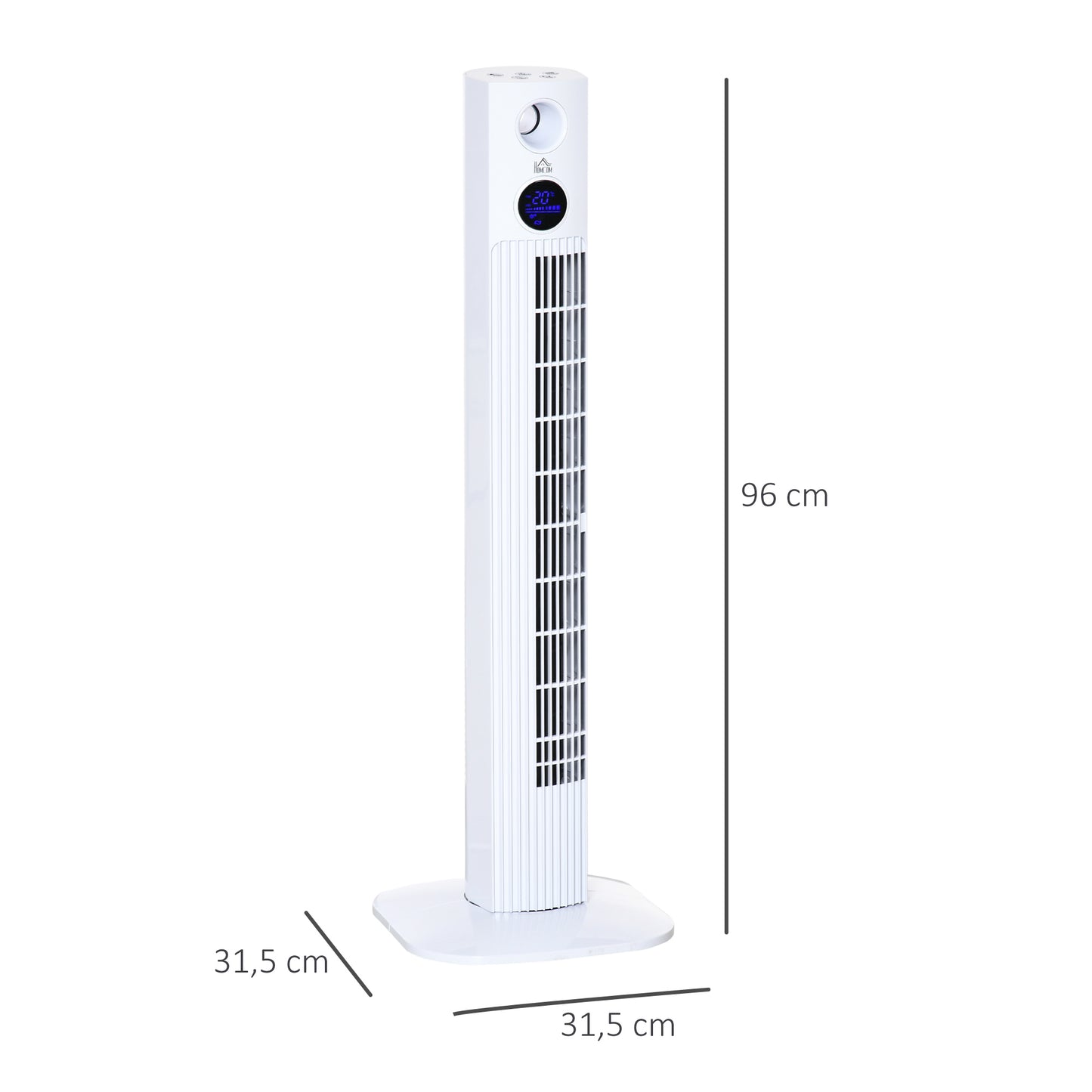 HOMCOM Ventoinha de Coluna 45W Silencioso com Controle Remoto 3 Velocidades 3 Modos Oscilação 70° Tela LED Tátil Temporizador 12h e Caixa de Aromas 31,5x31,5x96cm Branco