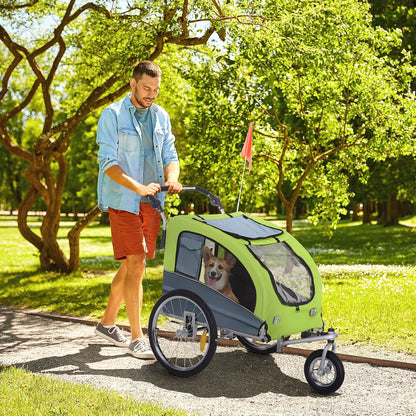 PawHut Reboque Bicicleta Cães Carrinho para Transporte para Animais de Estimação 2 em 1 com Guiador Amortecimento Roda Giratória 360° Refletores Carga Máx. 30 kg 155x83x108 cm Verde e Cinza