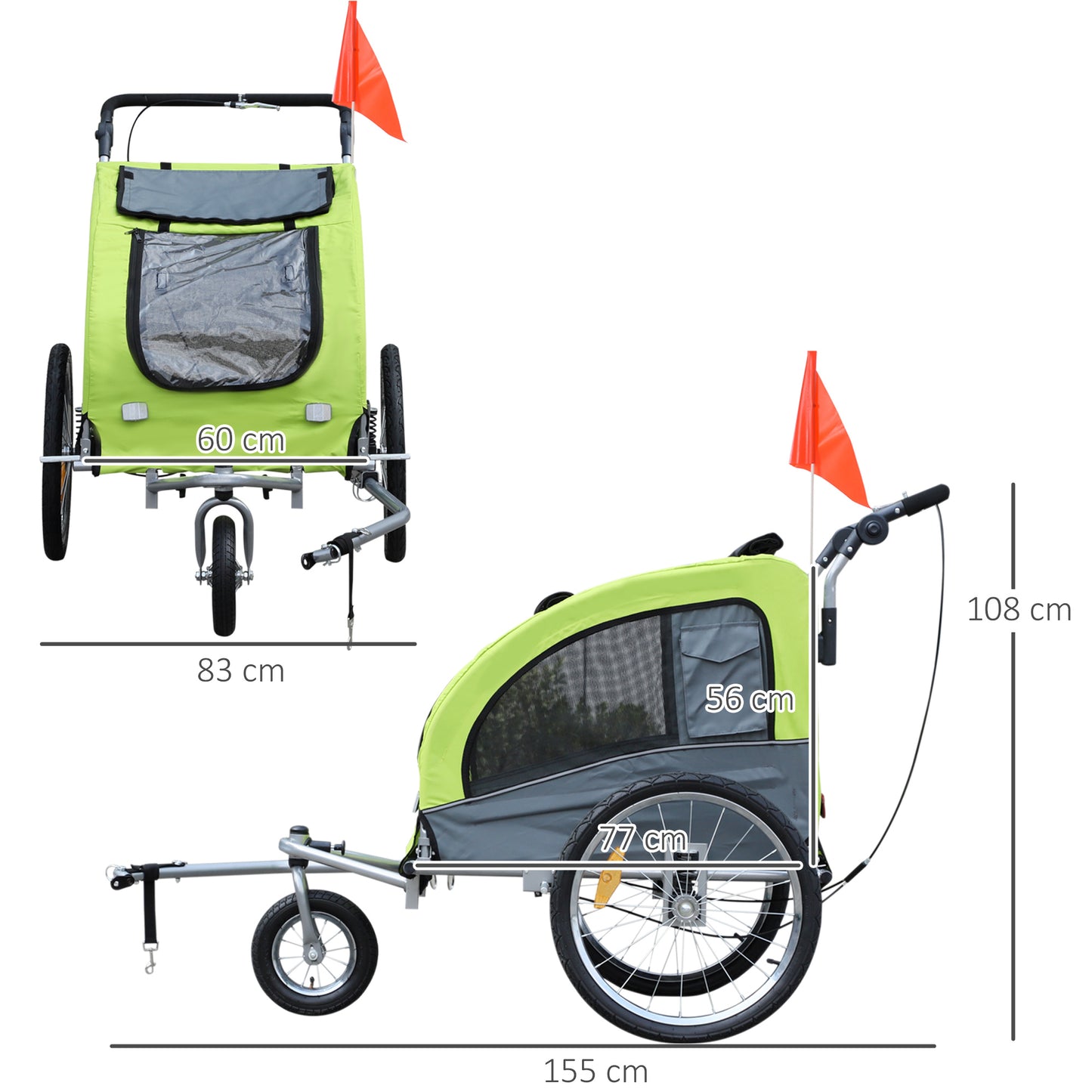 PawHut Reboque Bicicleta Cães Carrinho para Transporte para Animais de Estimação 2 em 1 com Guiador Amortecimento Roda Giratória 360° Refletores Carga Máx. 30 kg 155x83x108 cm Verde e Cinza