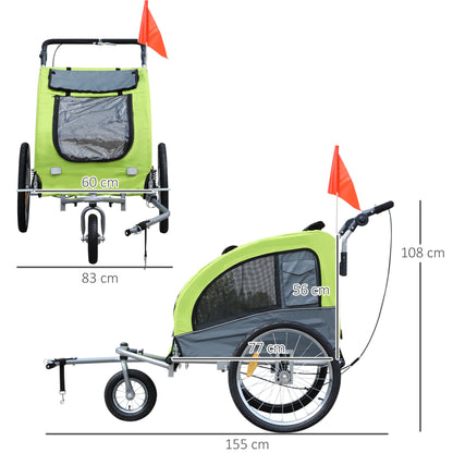 PawHut Reboque Bicicleta Cães Carrinho para Transporte para Animais de Estimação 2 em 1 com Guiador Amortecimento Roda Giratória 360° Refletores Carga Máx. 30 kg 155x83x108 cm Verde e Cinza