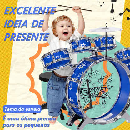 AIYAPLAY Bateria Infantil com Banco Bateria para Crianças acima de 3 Anos com Tambores Pedal e Baqueta Desenho com Tema de Estrelas 65x22x57 cm Azul