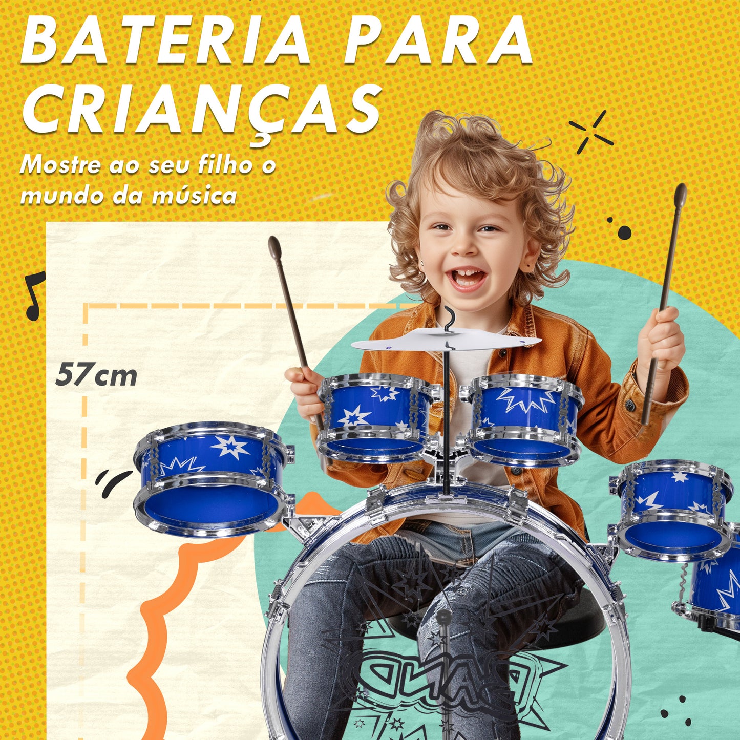 AIYAPLAY Bateria Infantil com Banco Bateria para Crianças acima de 3 Anos com Tambores Pedal e Baqueta Desenho com Tema de Estrelas 65x22x57 cm Azul