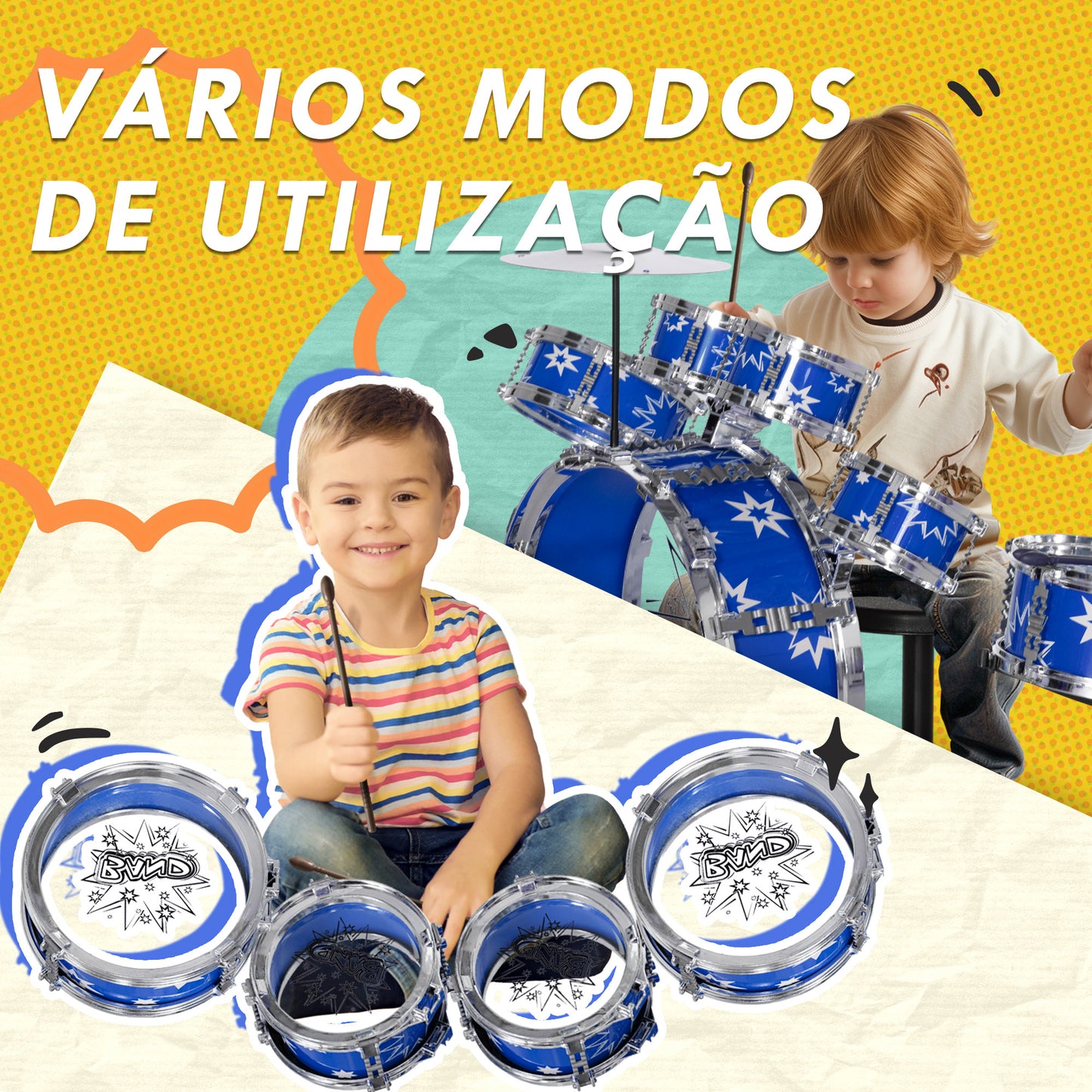 AIYAPLAY Bateria Infantil com Banco Bateria para Crianças acima de 3 Anos com Tambores Pedal e Baqueta Desenho com Tema de Estrelas 65x22x57 cm Azul