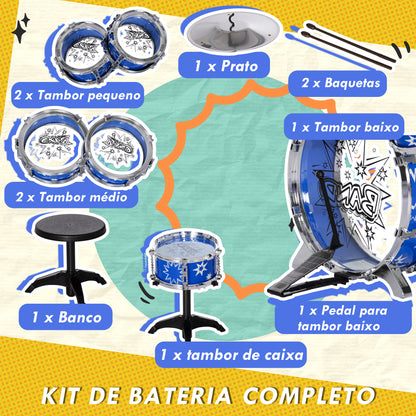 AIYAPLAY Bateria Infantil com Banco Bateria para Crianças acima de 3 Anos com Tambores Pedal e Baqueta Desenho com Tema de Estrelas 65x22x57 cm Azul