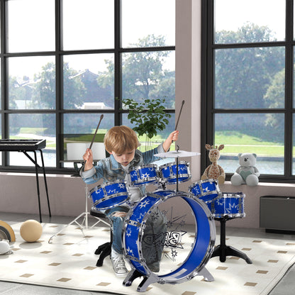 AIYAPLAY Bateria Infantil com Banco Bateria para Crianças acima de 3 Anos com Tambores Pedal e Baqueta Desenho com Tema de Estrelas 65x22x57 cm Azul