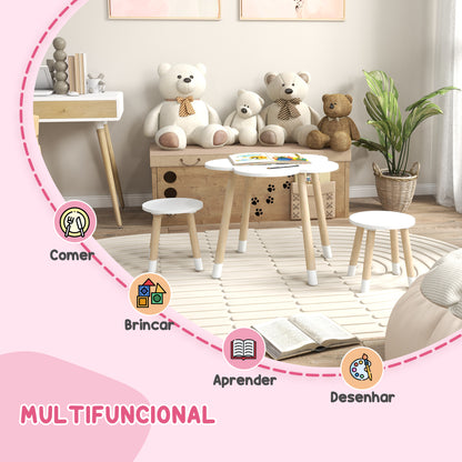 ZONEKIZ Conjunto de Mesa e 2 Cadeira para Crianças Mesa com Cadeiras para Crianças de 2-5 Anos Mesa com Forma de Flor Ø59x50 cm e Cadeiras Ø28x26 cm para Dormitório Sala de Estar Branco