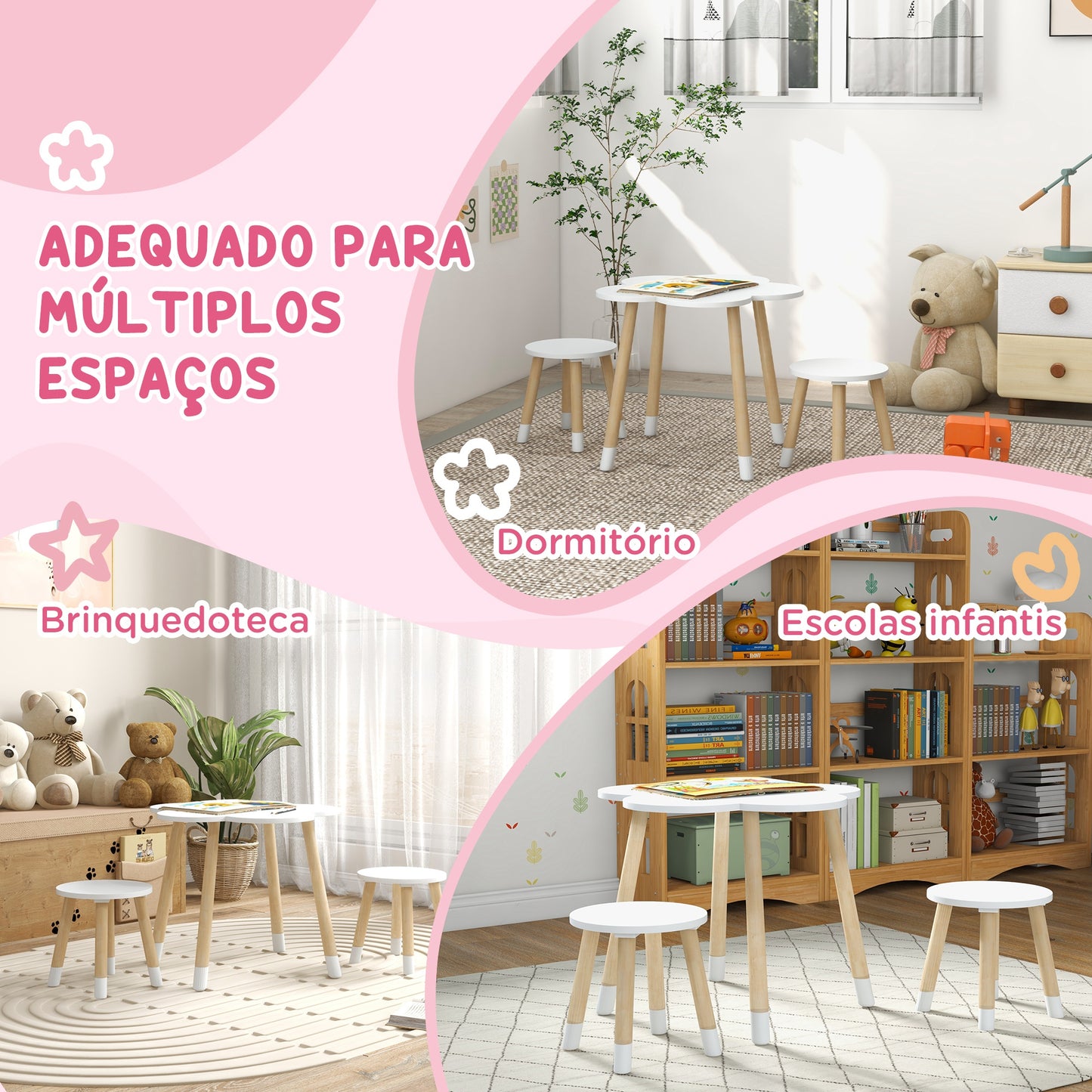 ZONEKIZ Conjunto de Mesa e 2 Cadeira para Crianças Mesa com Cadeiras para Crianças de 2-5 Anos Mesa com Forma de Flor Ø59x50 cm e Cadeiras Ø28x26 cm para Dormitório Sala de Estar Branco