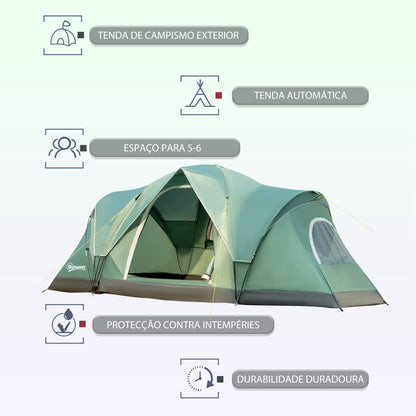 Outsunny Tenda de Campismo para 5-6 Pessoas Impermeável 3000mm+ Anti UV com Bolsa de Transporte e Gancho para Luz 455x230x180cm Verde