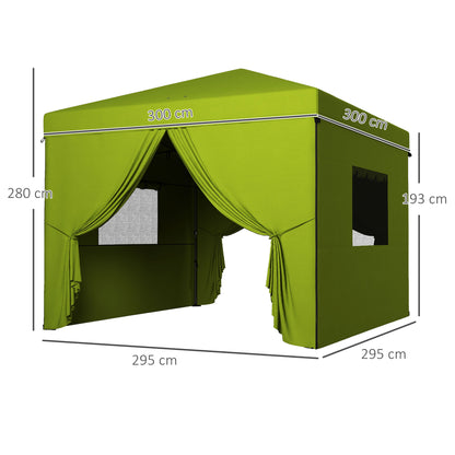 Outsunny Tenda Dobrável 3x3 m Tenda de Jardim com 4 Paredes Laterais 2 Janelas de Malha Altura Ajustável Bolsa de Transporte Impermeável e Anti-UV para Campismo Festas Verde