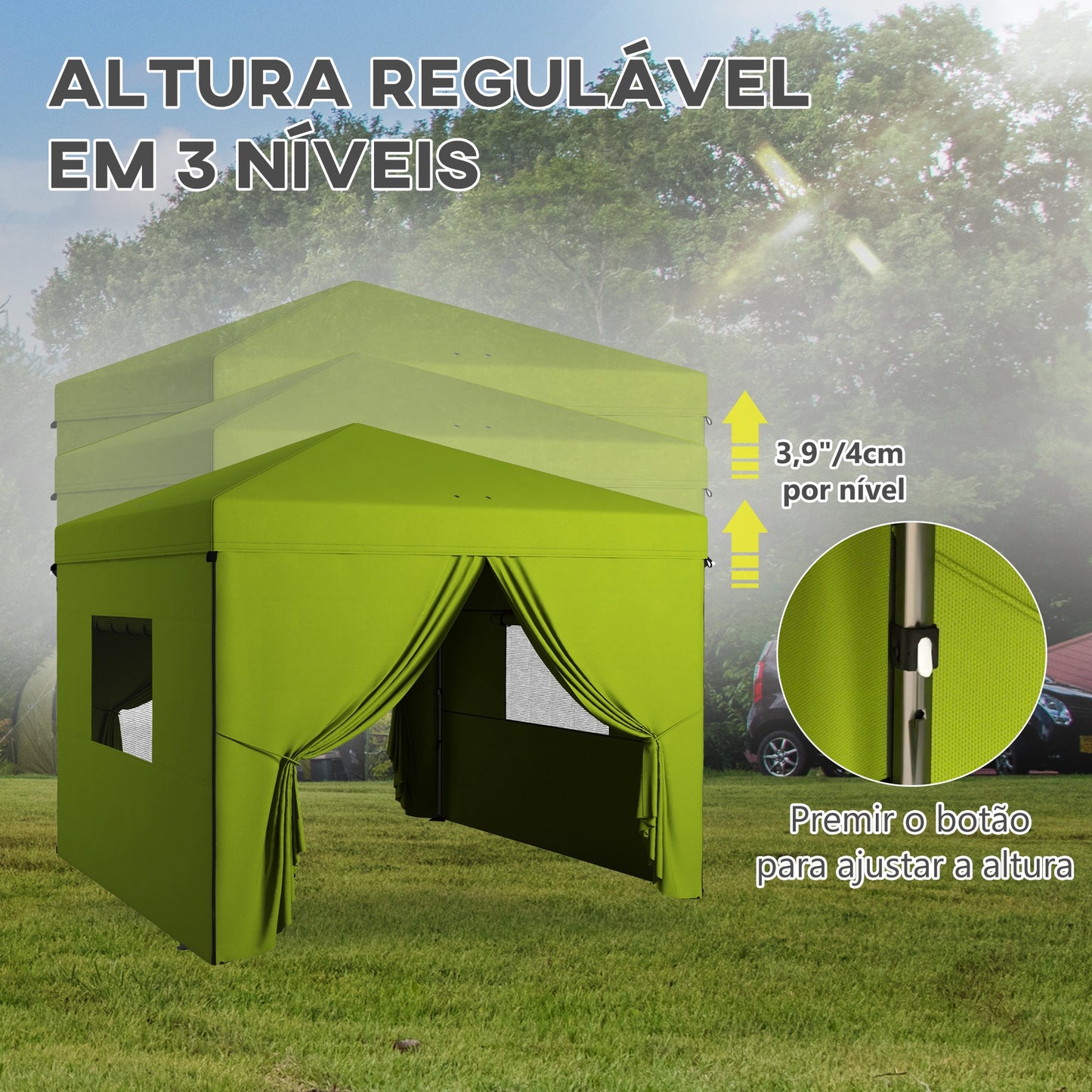 Outsunny Tenda Dobrável 3x3 m Tenda de Jardim com 4 Paredes Laterais 2 Janelas de Malha Altura Ajustável Bolsa de Transporte Impermeável e Anti-UV para Campismo Festas Verde