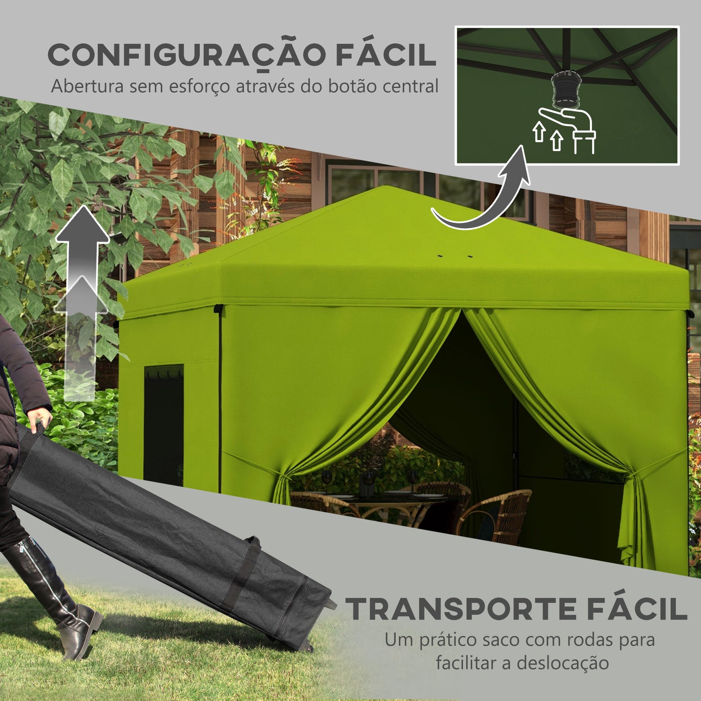 Outsunny Tenda Dobrável 3x3 m Tenda de Jardim com 4 Paredes Laterais 2 Janelas de Malha Altura Ajustável Bolsa de Transporte Impermeável e Anti-UV para Campismo Festas Verde