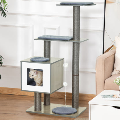 PawHut Árvore Arranhadora para Gatos de Madeira 71,5x49,5x120cm Torre para Gatos com Caverna Plataformas Postes Arranhadores de Sisal Almofadas de Pelúcia Suave e Bolas Suspensas Cinza