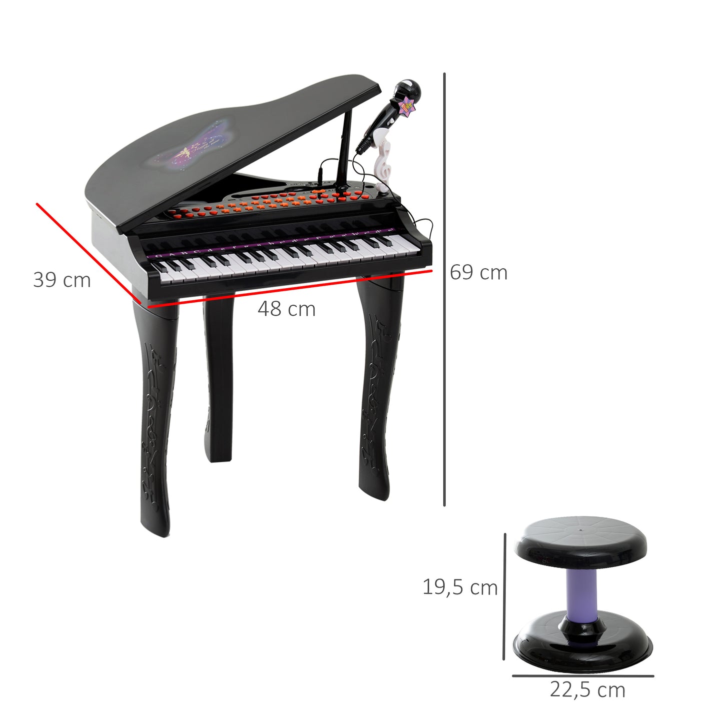 HOMCOM Piano para Crianças com 37 Teclas Piano Infantil com Microfone Banco Luzes 22 Músicas e Entrada para MP3 e USB 48x39x69 cm Preto