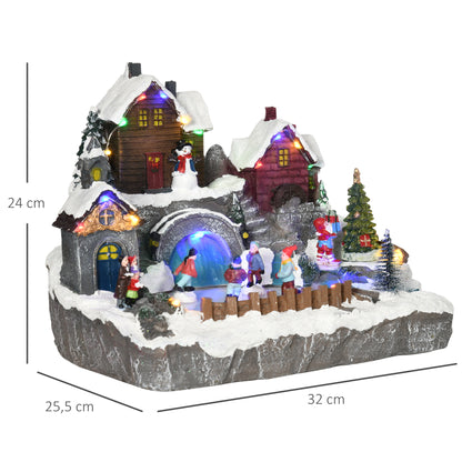 HOMCOM Aldeia de Natal Cena Decorativa de Natal Iluminada com Luzes LED Árvore Giratória e Pista de Patinagem Decoração de Natal de Mesa 32x25,5x24cm Multicor