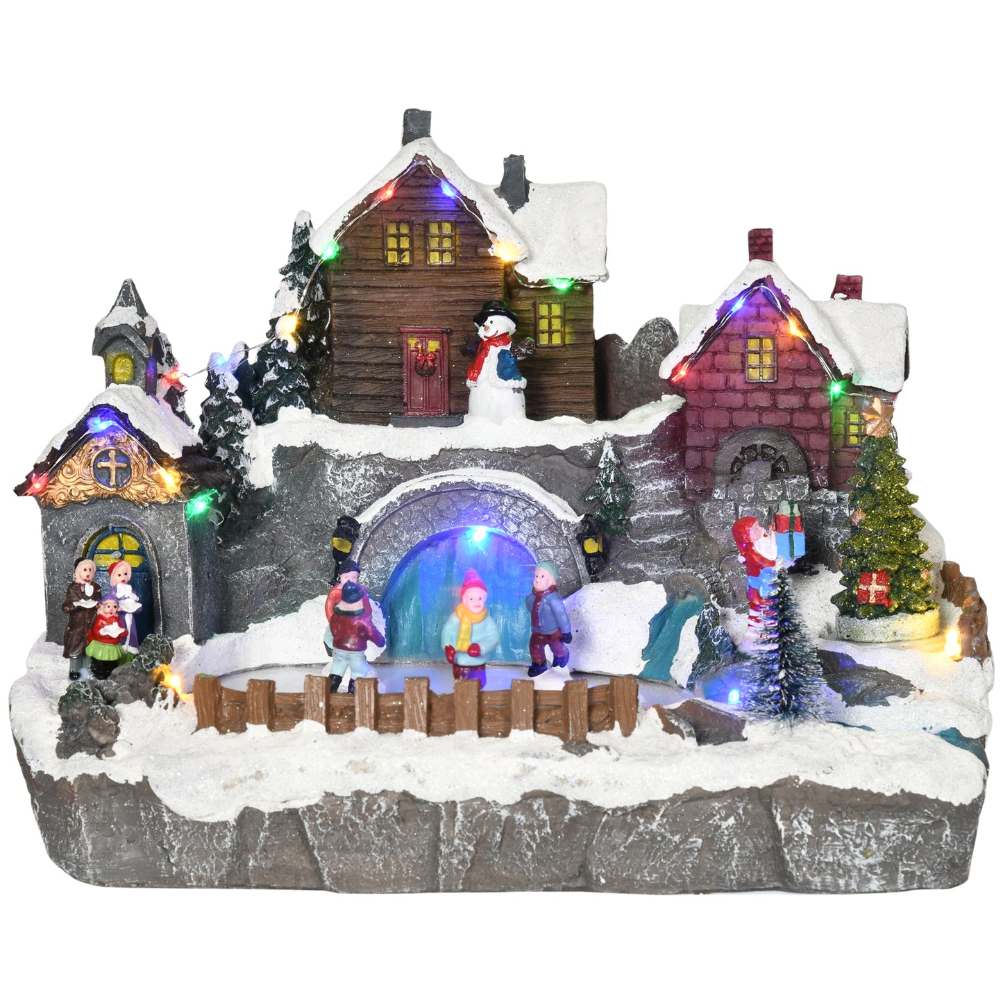 HOMCOM Aldeia de Natal Cena Decorativa de Natal Iluminada com Luzes LED Árvore Giratória e Pista de Patinagem Decoração de Natal de Mesa 32x25,5x24cm Multicor