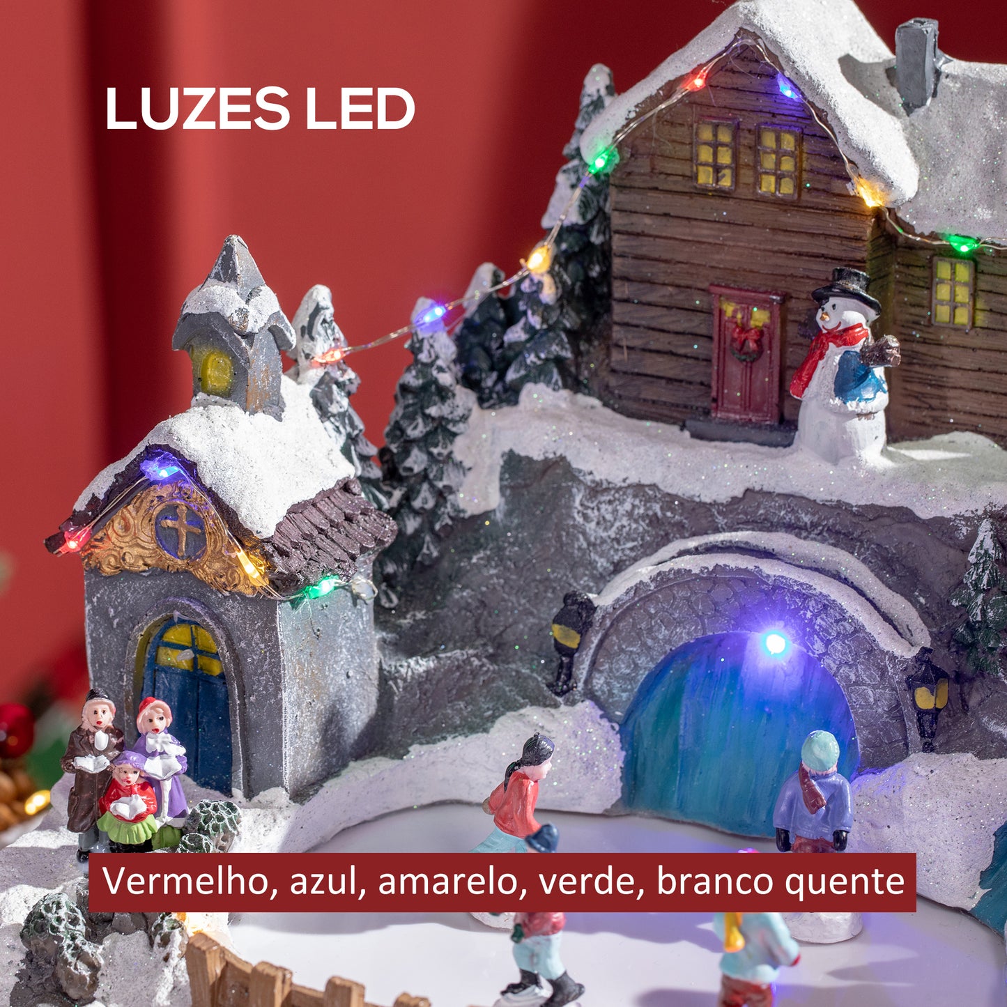 HOMCOM Aldeia de Natal Cena Decorativa de Natal Iluminada com Luzes LED Árvore Giratória e Pista de Patinagem Decoração de Natal de Mesa 32x25,5x24cm Multicor