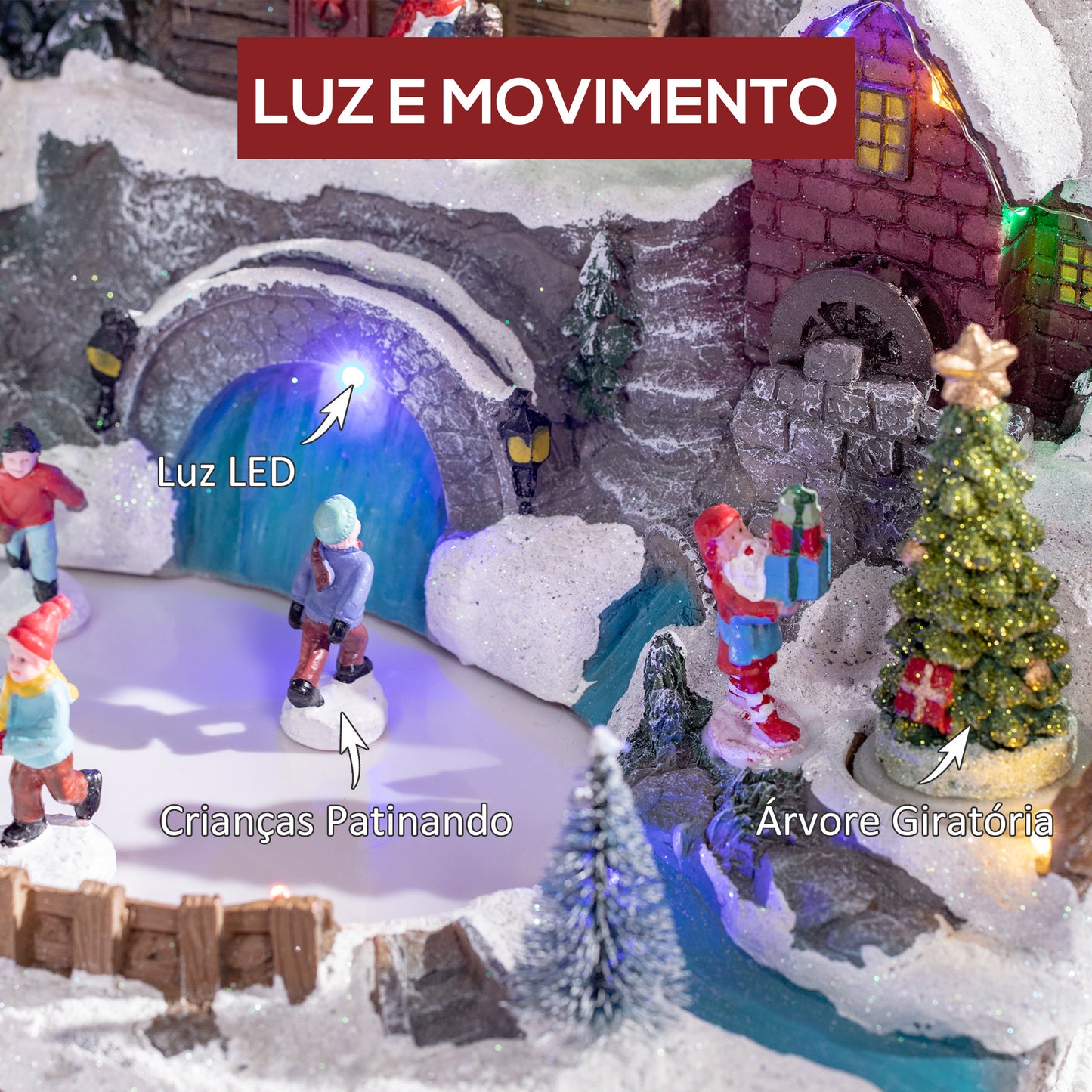 HOMCOM Aldeia de Natal Cena Decorativa de Natal Iluminada com Luzes LED Árvore Giratória e Pista de Patinagem Decoração de Natal de Mesa 32x25,5x24cm Multicor