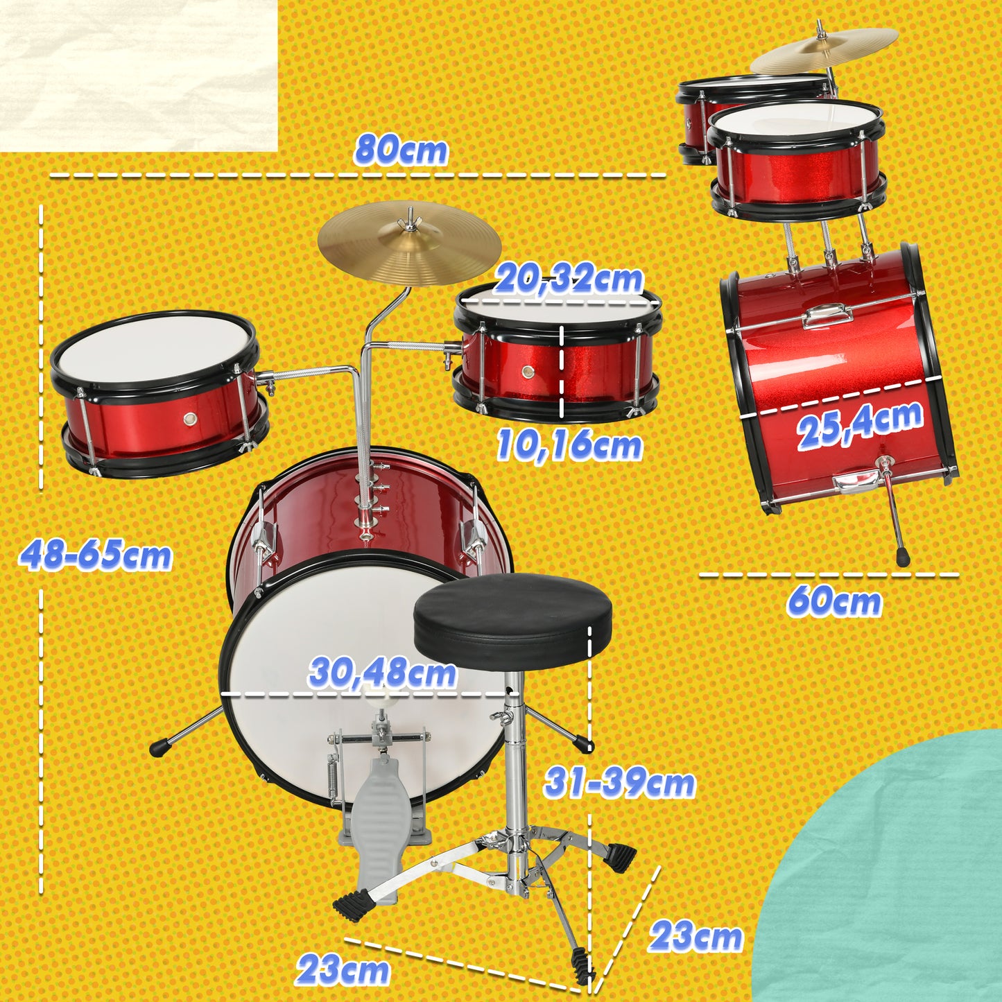 AIYAPLAY Bateria Infantil com Banco Ajustável Bateria para Crianças de +3 Anos com Tambores Bombo Prato Pedal e Baquetas 80x60x48-65 cm Vermelho