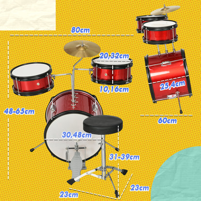 AIYAPLAY Bateria Infantil com Banco Ajustável Bateria para Crianças de +3 Anos com Tambores Bombo Prato Pedal e Baquetas 80x60x48-65 cm Vermelho