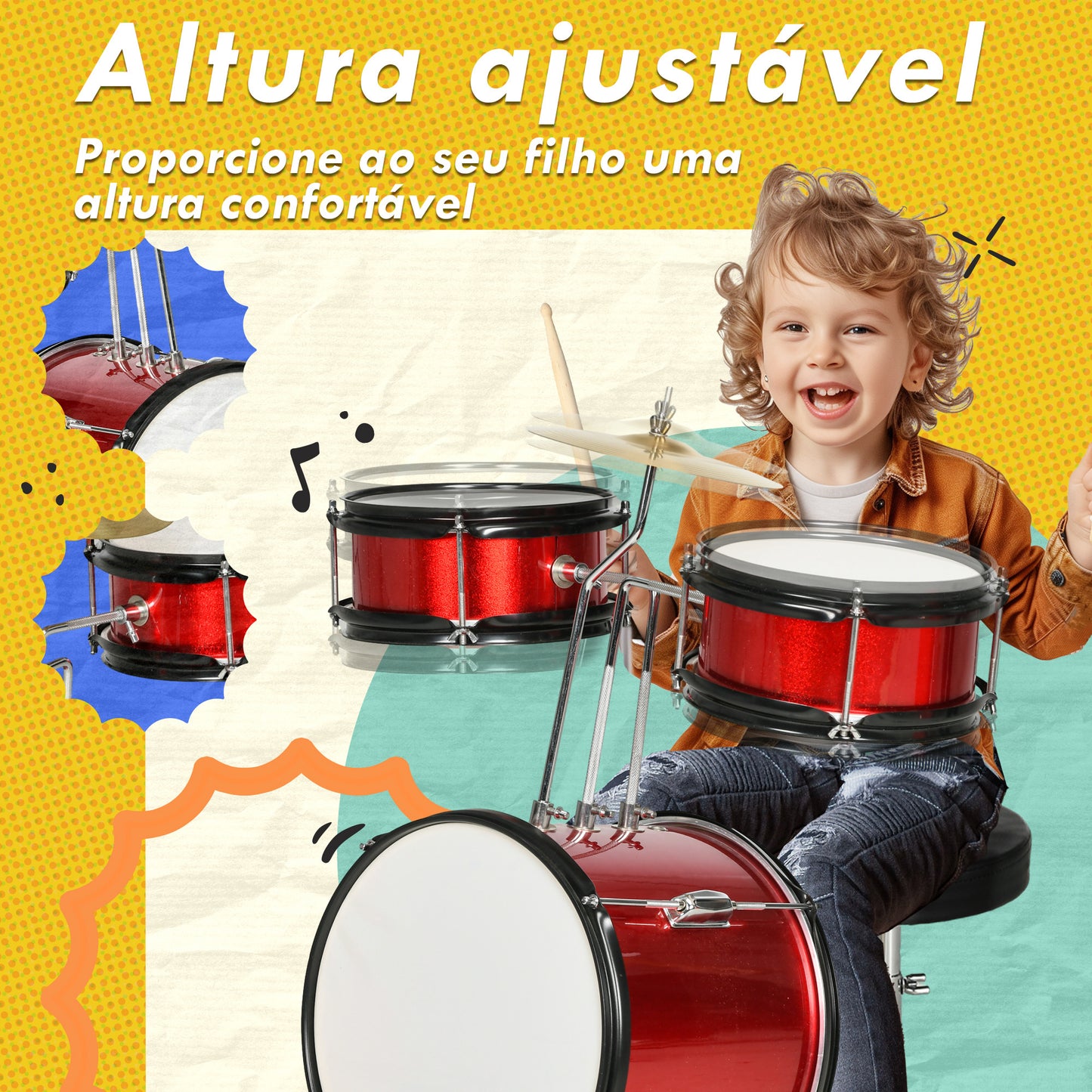 AIYAPLAY Bateria Infantil com Banco Ajustável Bateria para Crianças de +3 Anos com Tambores Bombo Prato Pedal e Baquetas 80x60x48-65 cm Vermelho