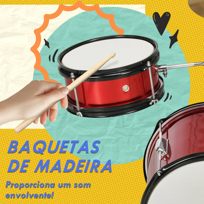 AIYAPLAY Bateria Infantil com Banco Ajustável Bateria para Crianças de +3 Anos com Tambores Bombo Prato Pedal e Baquetas 80x60x48-65 cm Vermelho