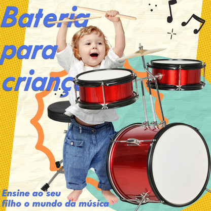 AIYAPLAY Bateria Infantil com Banco Ajustável Bateria para Crianças de +3 Anos com Tambores Bombo Prato Pedal e Baquetas 80x60x48-65 cm Vermelho