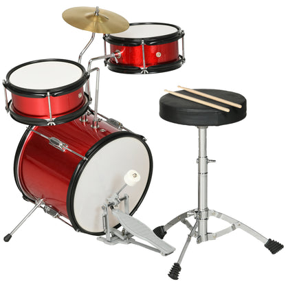 AIYAPLAY Bateria Infantil com Banco Ajustável Bateria para Crianças de +3 Anos com Tambores Bombo Prato Pedal e Baquetas 80x60x48-65 cm Vermelho