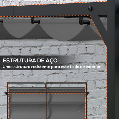 Outsunny Pérgola 3x4 Pérgola de Jardim com Teto Retrátil de Poliéster e 12 Orifícios de Drenagem Pérgola para Pátio Varanda Exterior Cinza