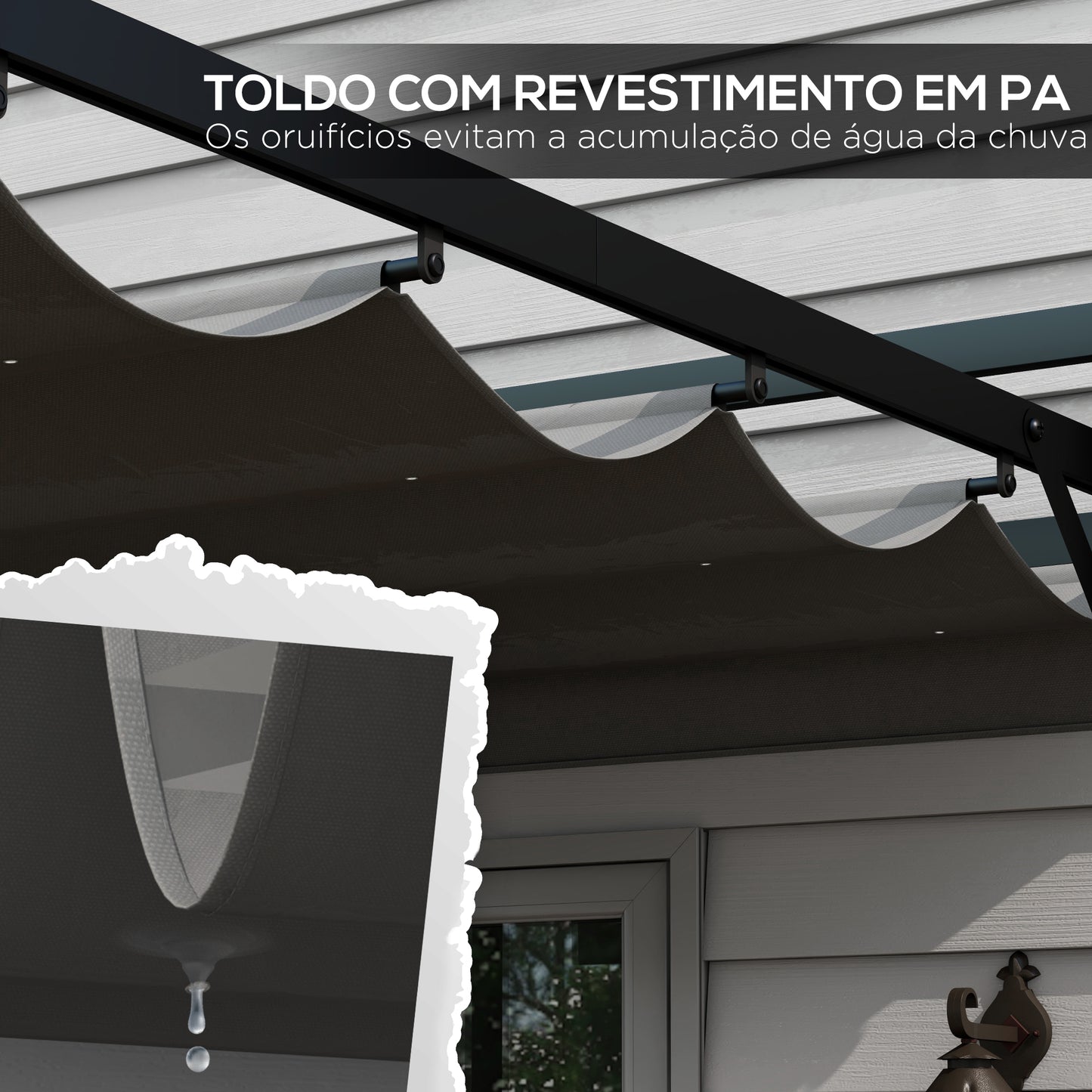 Outsunny Pérgola 3x4 Pérgola de Jardim com Teto Retrátil de Poliéster e 12 Orifícios de Drenagem Pérgola para Pátio Varanda Exterior Cinza