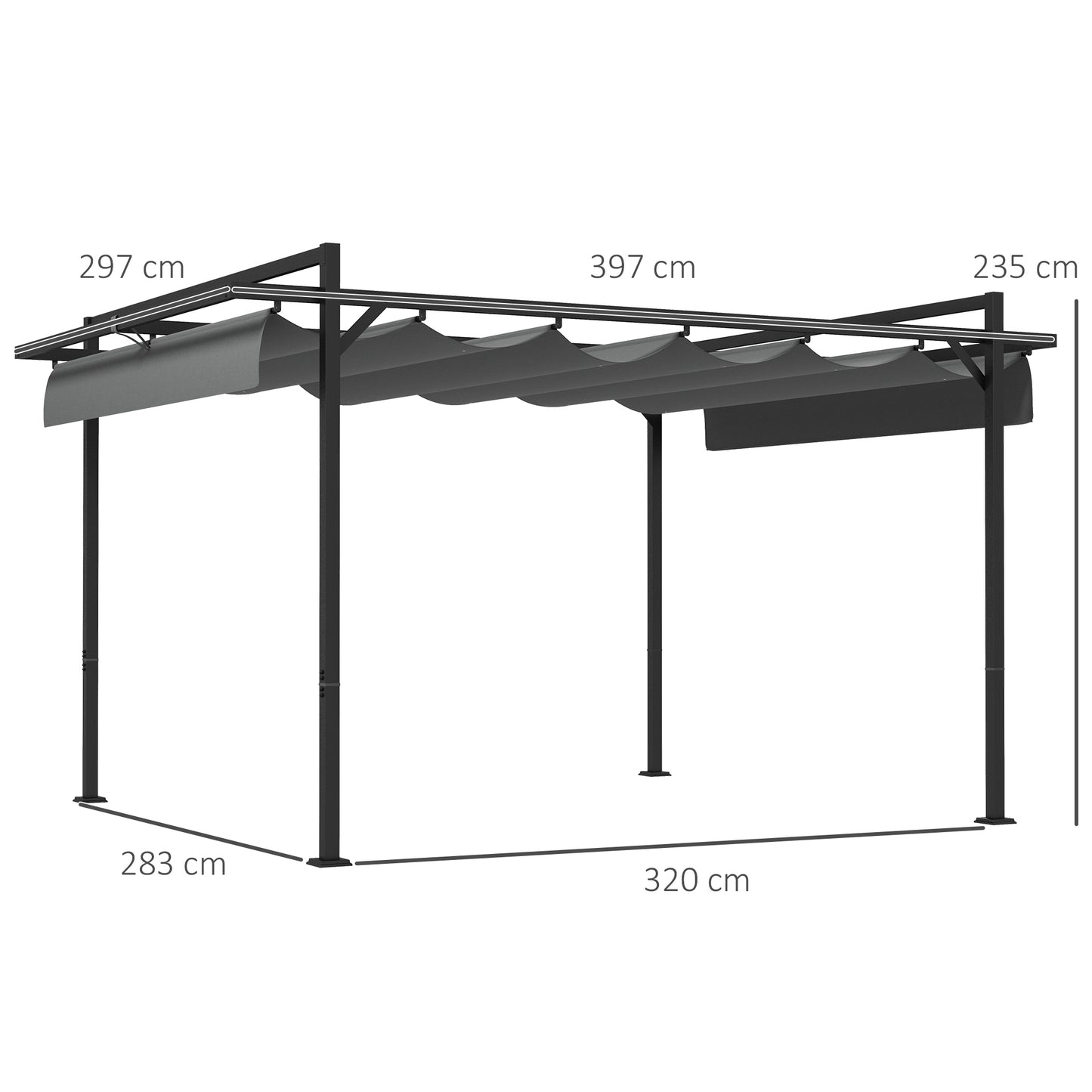 Outsunny Pérgola 3x4 Pérgola de Jardim com Teto Retrátil de Poliéster e 12 Orifícios de Drenagem Pérgola para Pátio Varanda Exterior Cinza