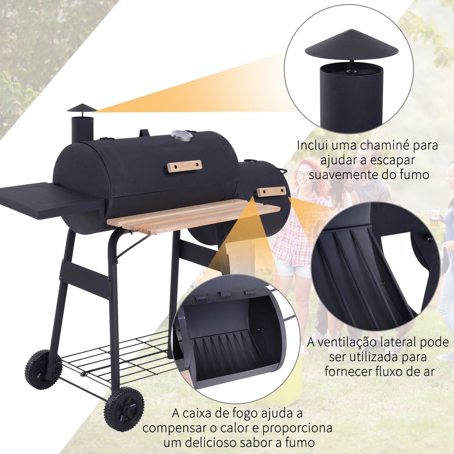 Outsunny Barbecue a Carvão 2 em 1 Defumador e Grelha Barbecue com Termómetro Rodas e Prateleiras para Ar Livre Campismo Exterior 124x53x104cm Preto