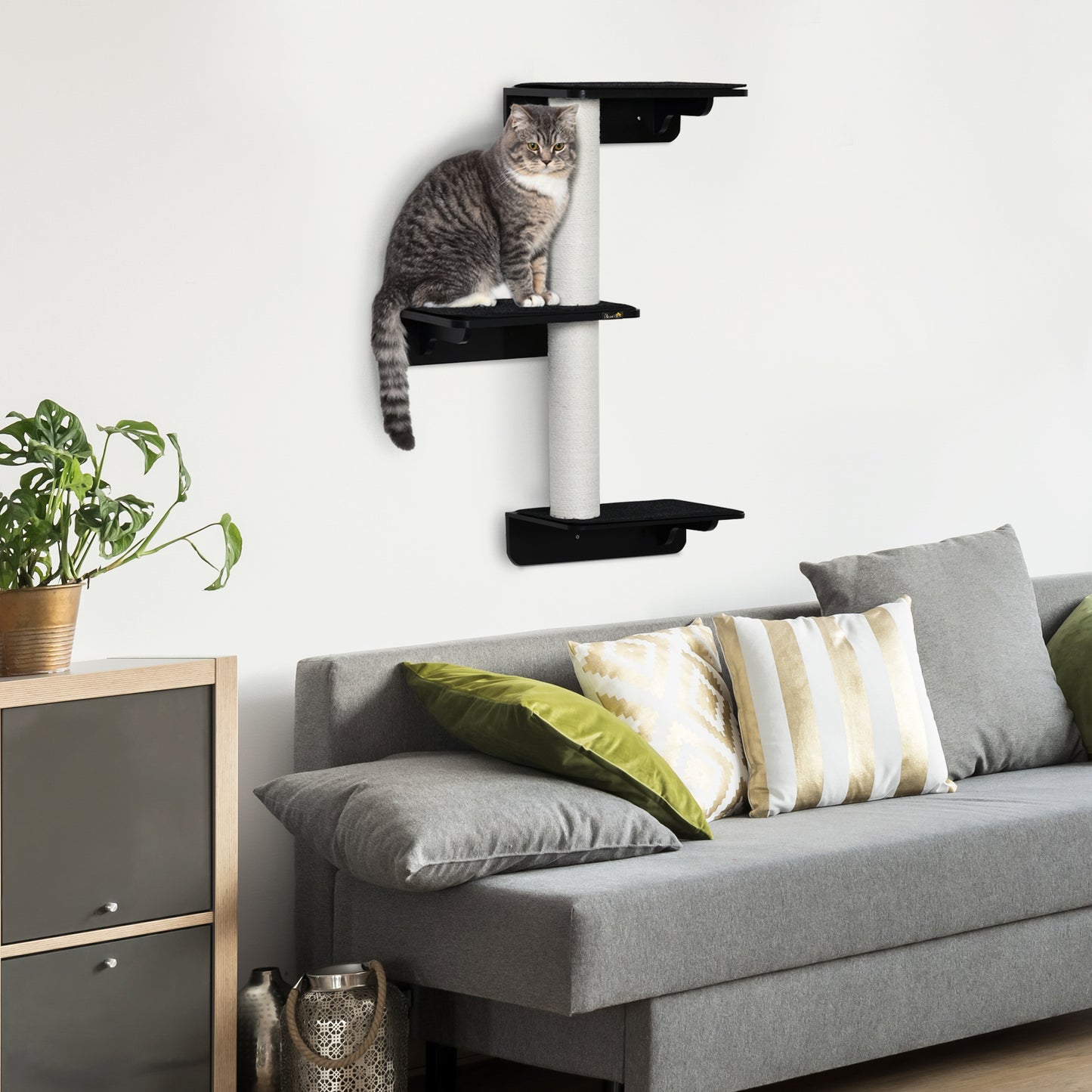 PawHut Árvore para Gatos de Parede com 3 Plataformas Almofada Removível e 2 Postes de Arranhar de Juta Torre para Escalar 63x28x93,5cm Preto e Bege