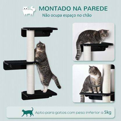 PawHut Árvore para Gatos de Parede com 3 Plataformas Almofada Removível e 2 Postes de Arranhar de Juta Torre para Escalar 63x28x93,5cm Preto e Bege