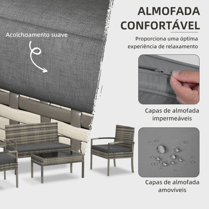 Outsunny Conjunto Móveis de Jardim em Vime Sintético Conjunto de 4 Peças Móveis de Jardim com 2 Poltronas 1 Sofá de 2 Lugares e 1 Mesa de Centro com Bancada de Vidro para Pátio Cinza