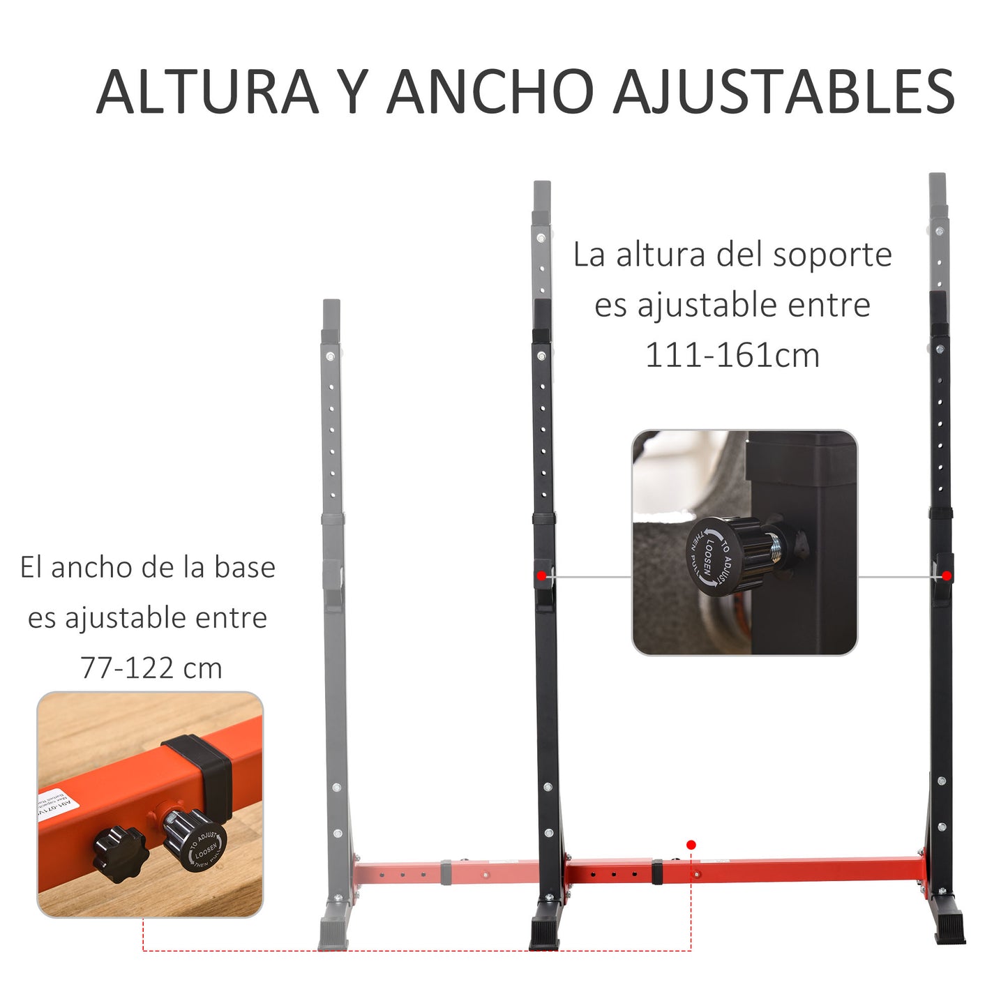 Suporte Ajustável para Barras de Peso Suporte Multifuncional para Exercício em Casa Escritório Carga 150kg Altura Ajustável 121-171cm Preto e Vermelho