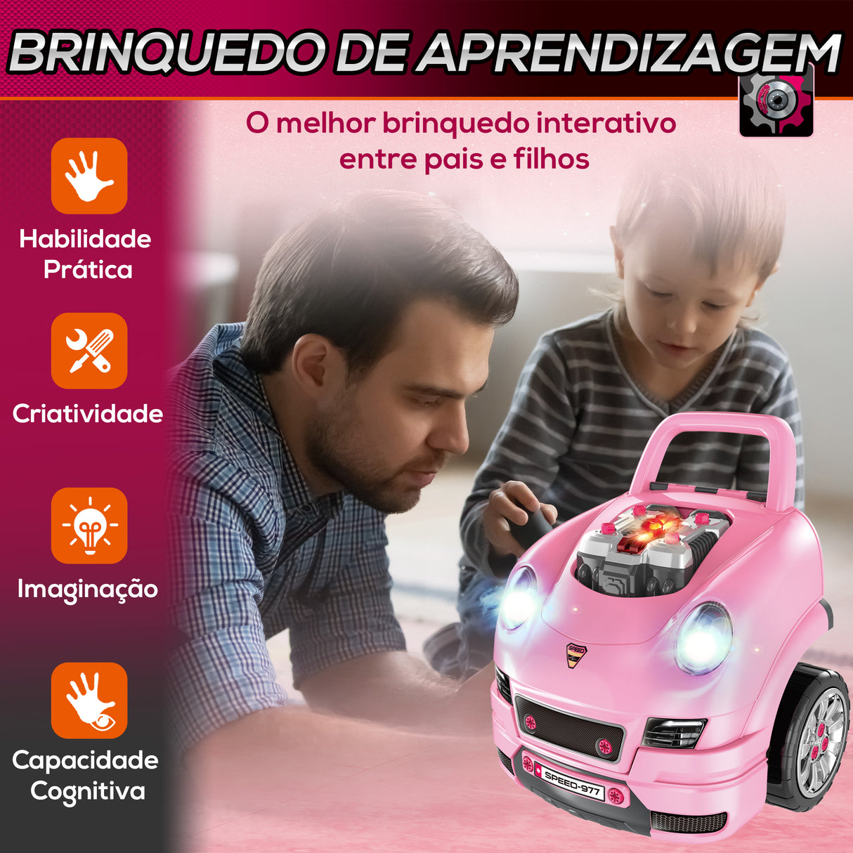 HOMCOM Motor de Caminhão para Crianças acima de 3 Anos Conjunto de Motor de Brinquedo com 61 Peças Volante Buzina Faróis Caixa de Armazenamento e Rodas 40x39x47 cm Rosa